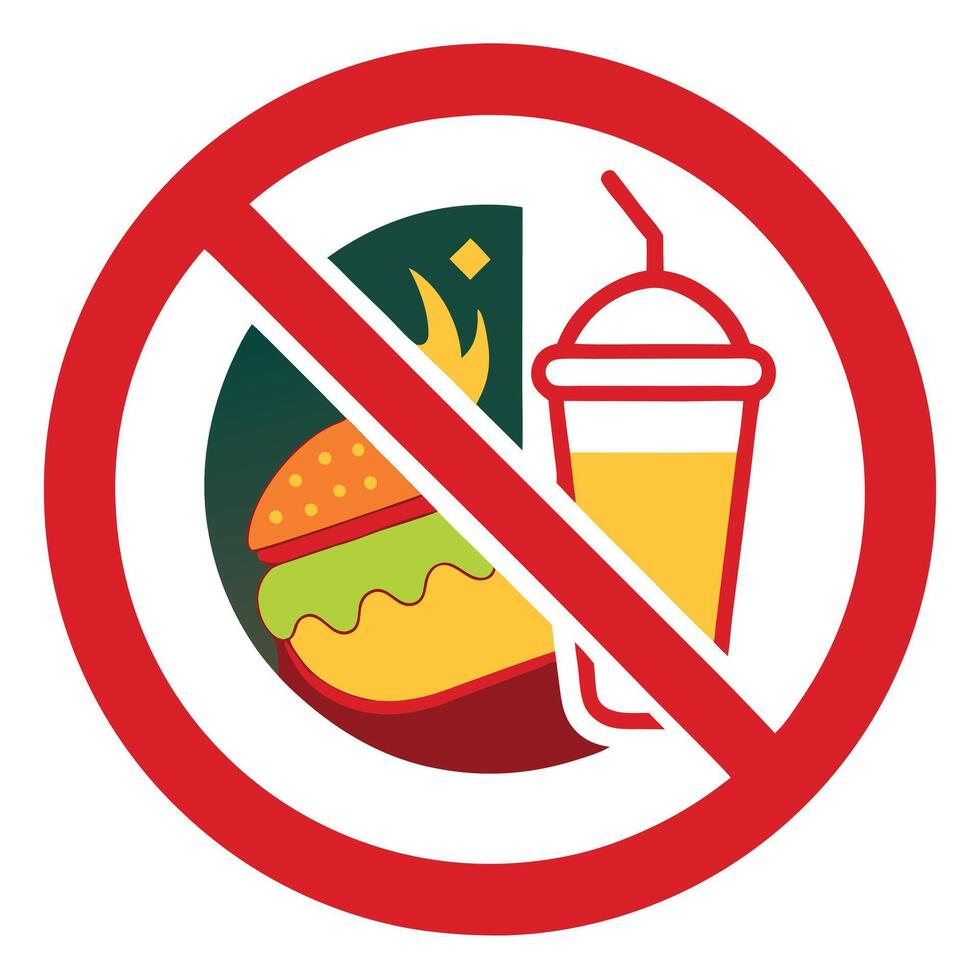 No Food Icon with Burger, Juice Cup and Red Prohibition Sign vector