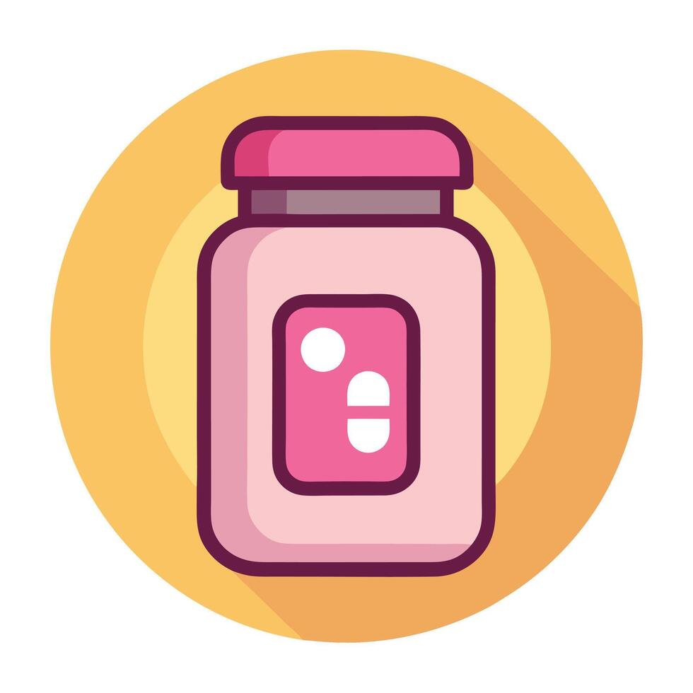 Cartoon Medicine Bottle on Yellow Circle, Pink Pill Window, Isolated vector
