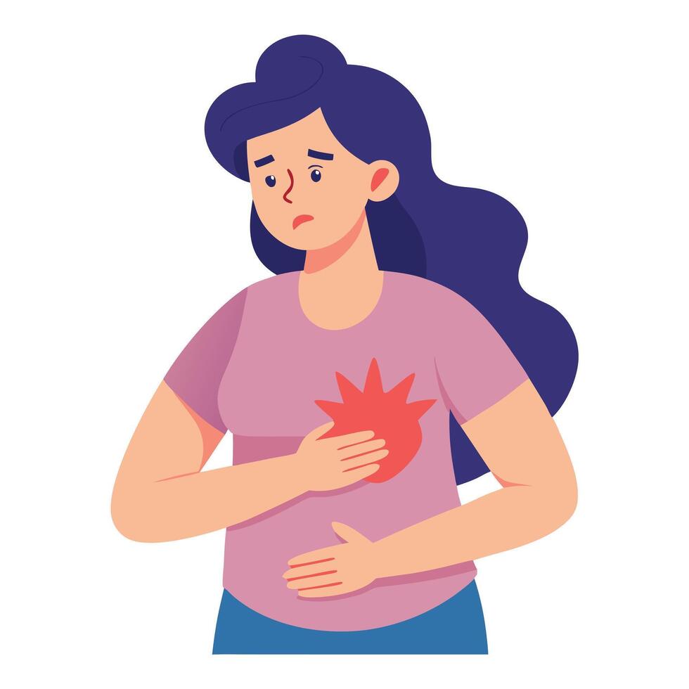 Flat of Woman with Chest Pain on Isolated White Background vector