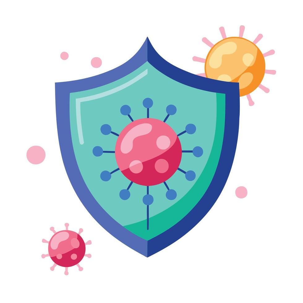 Shield with Pink Virus and Yellow Pathogen Isolated on a White Background vector