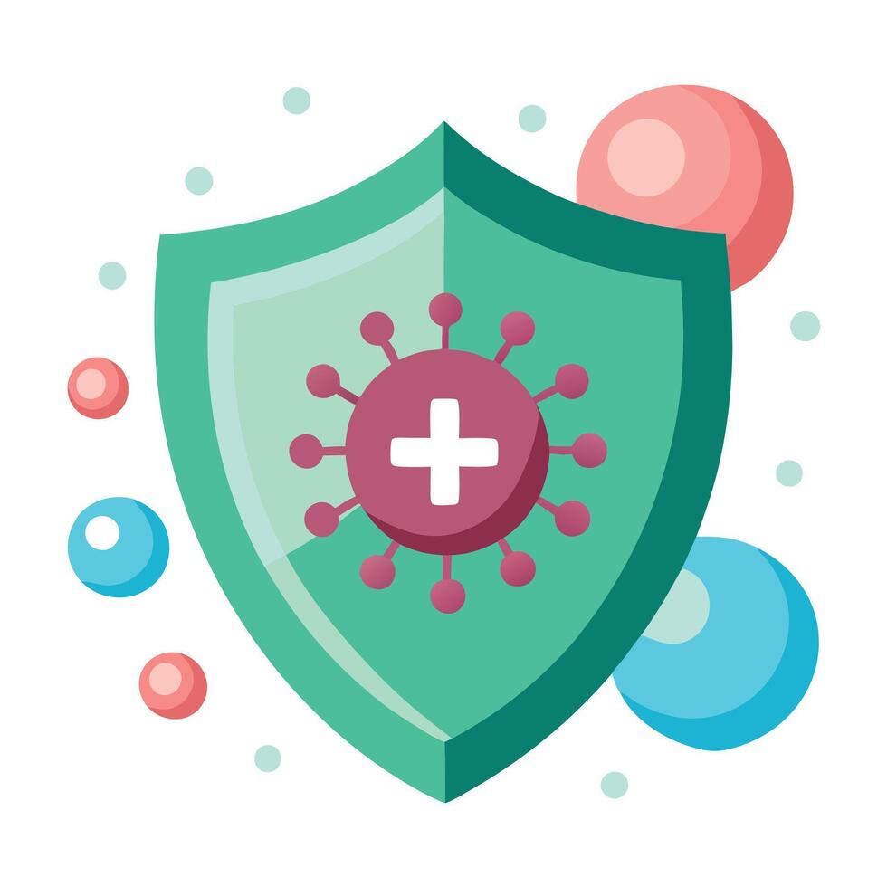 Teal Shield with Pink Virus and Plus Sign Icon Against White Background Flat Design vector