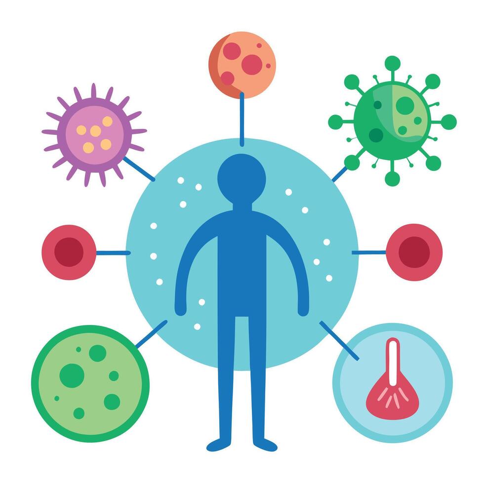 Medical Diagram Human Figure Surrounded by Virus Icons on a White Background vector