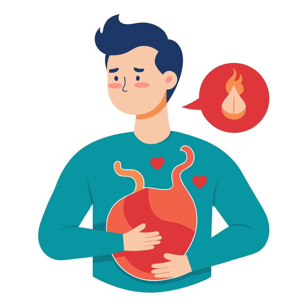 Uncomfortable Man with Heartburn Feeling Pain in Stomach on White Background vector