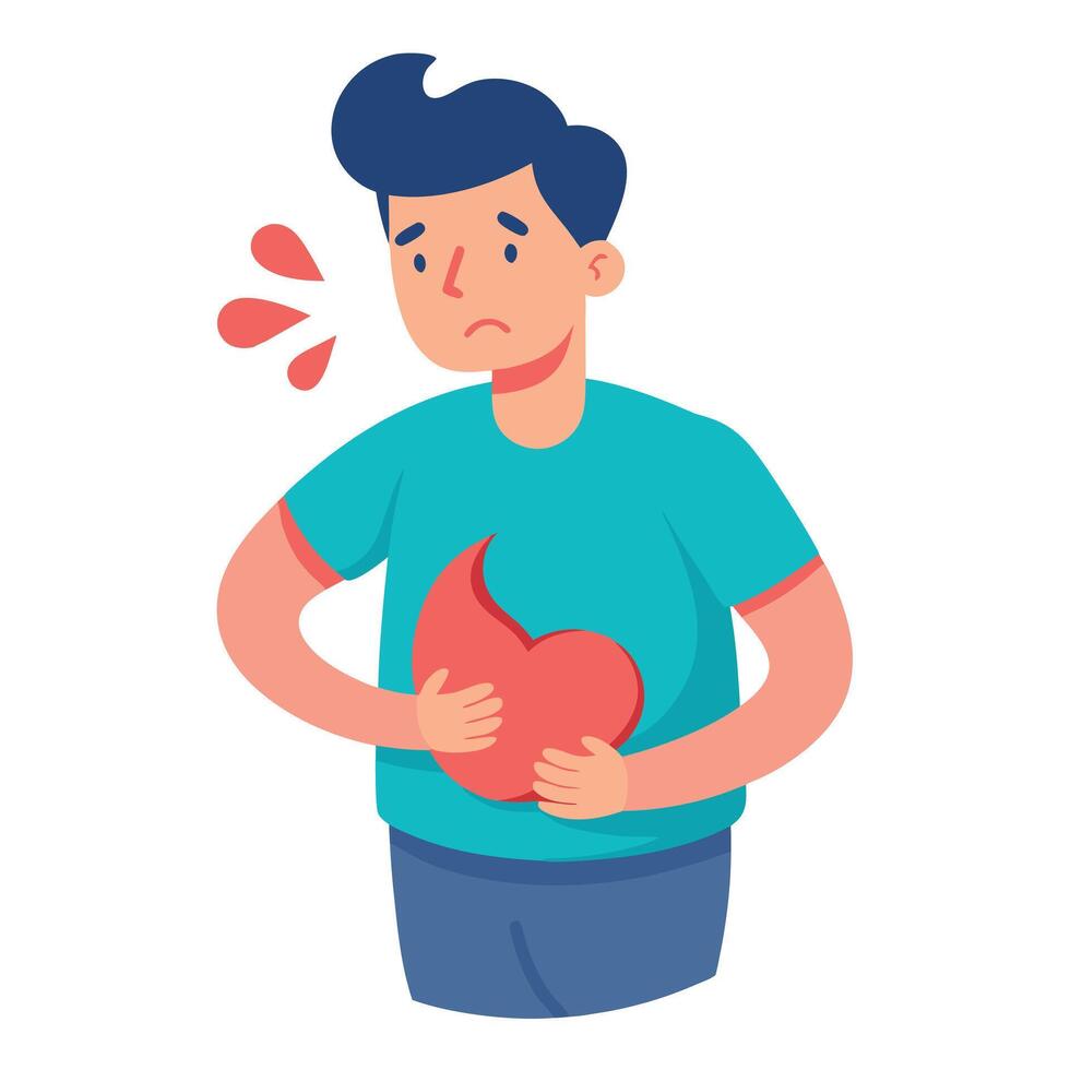 Cartoon Man Holding Stomach, Expression of Pain, Heartburn Illustration, Flat Style vector