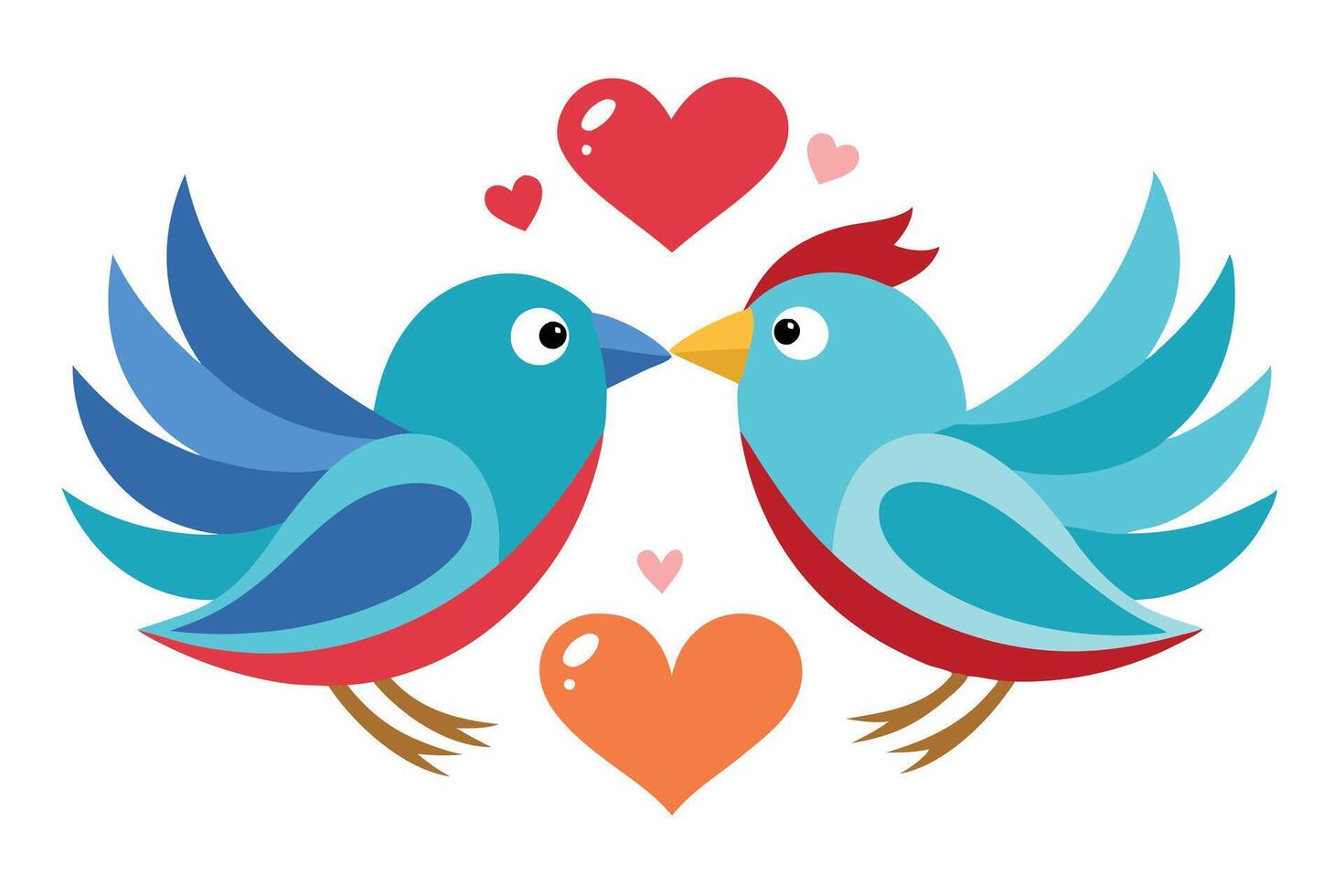 Two Cute Cartoon Birds Touching Beaks with Hearts on White Background vector