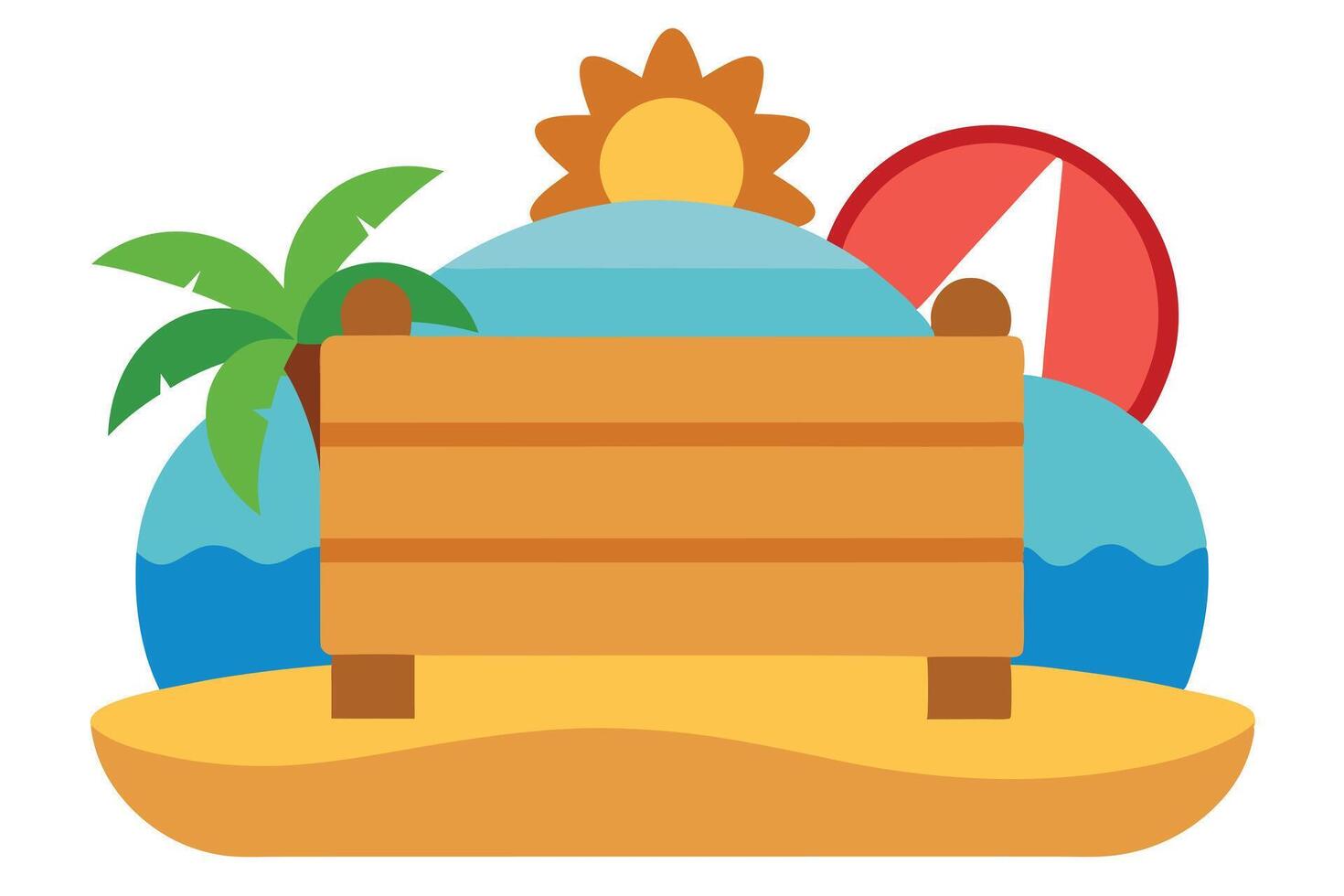 Tropical beach with summer sun, wooden sign, palm tree, sea and parasol on island vector