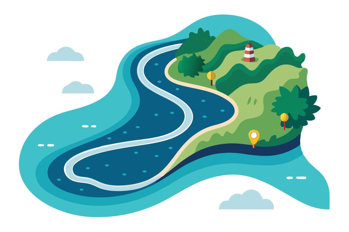 Isometric Seaside Landscape with Road, Lighthouse, Trees, and Blue Water vector