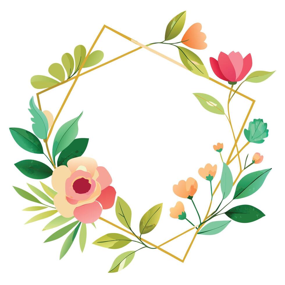 Golden with Floral Design Elements, Peach Rose and Green Leaf on White vector