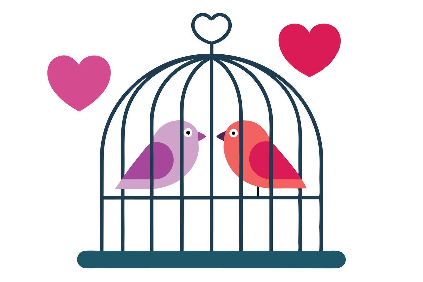 Cartoon Birds in Cage with Hearts Design on White Background for Resources vector