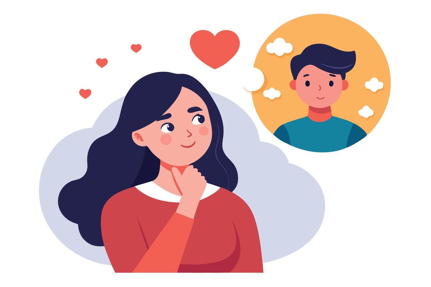Dreamy Woman Thinks of Boyfriend with Hearts and Thought Bubble Flat vector