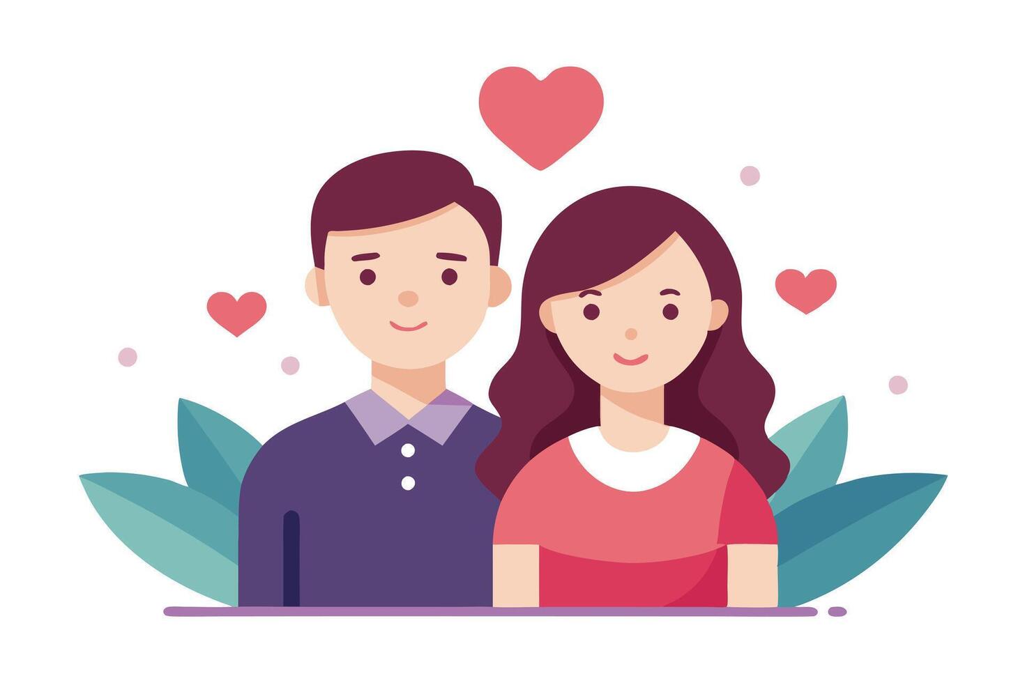 Flat of Young Couple with Hearts and Green Leaves on White Background vector