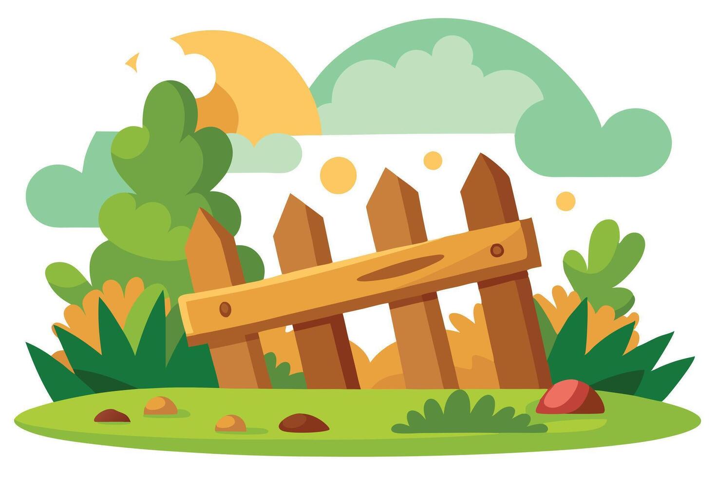 Leaning Wooden Fence Cartoon Design with Green Grass and Sky Elements vector