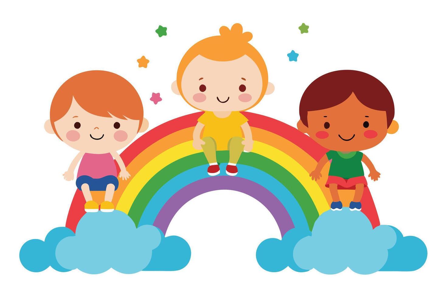 Cartoon Kids on Clouds with Rainbow Arch, Happy Multicultural Children vector