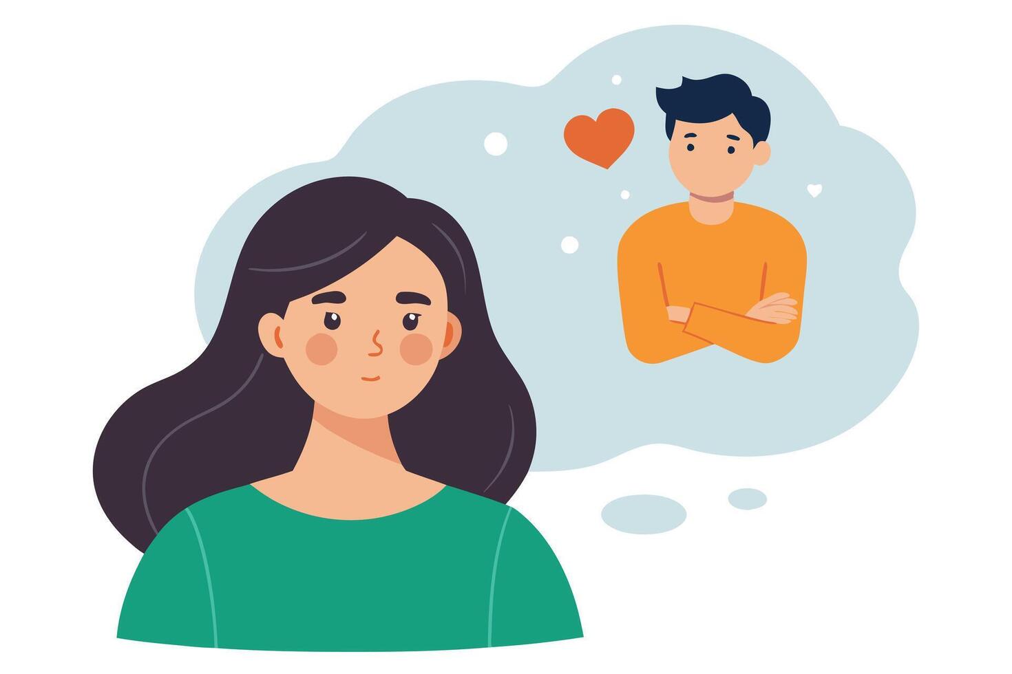 Dreamy Brunette Woman Imagining Man with Love Heart in Thought Bubble vector