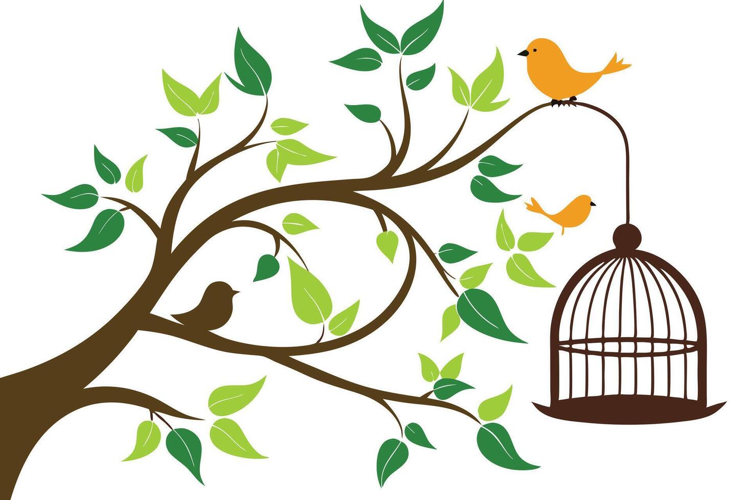 Bird on Tree with Green Leaves and Cage Isolated on White Background vector