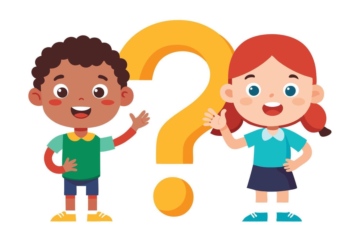 Cheerful Boy and Girl with Question Mark on White Backdrop, Cartoon Style vector