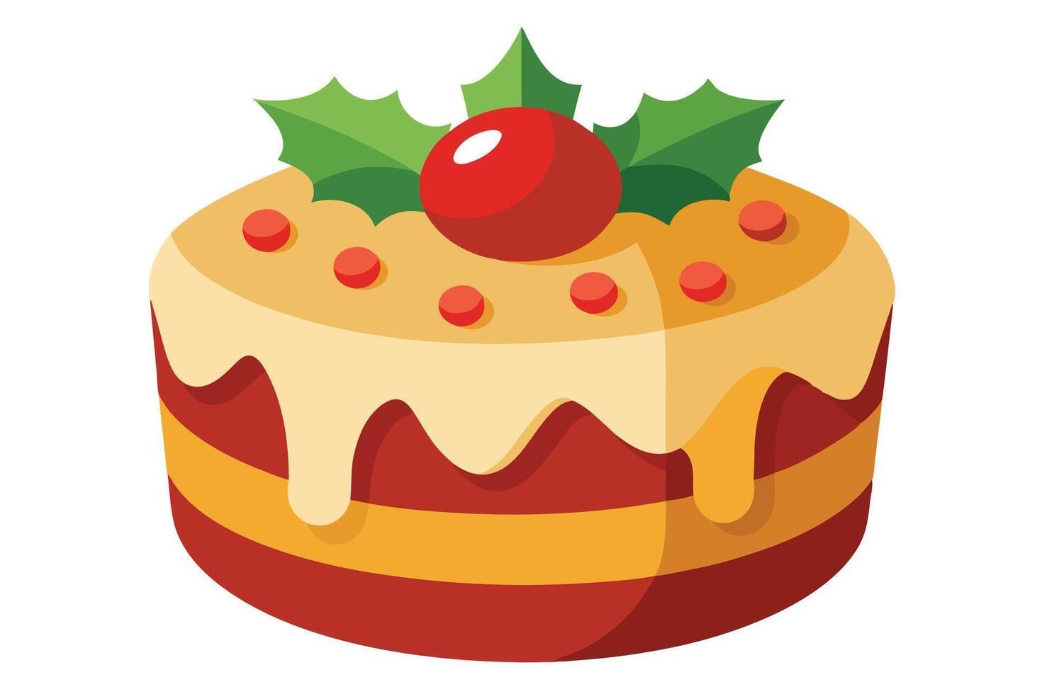 Festive Layered Cake with Cream Drizzle, Red Cherry, Green Holly on White Background vector