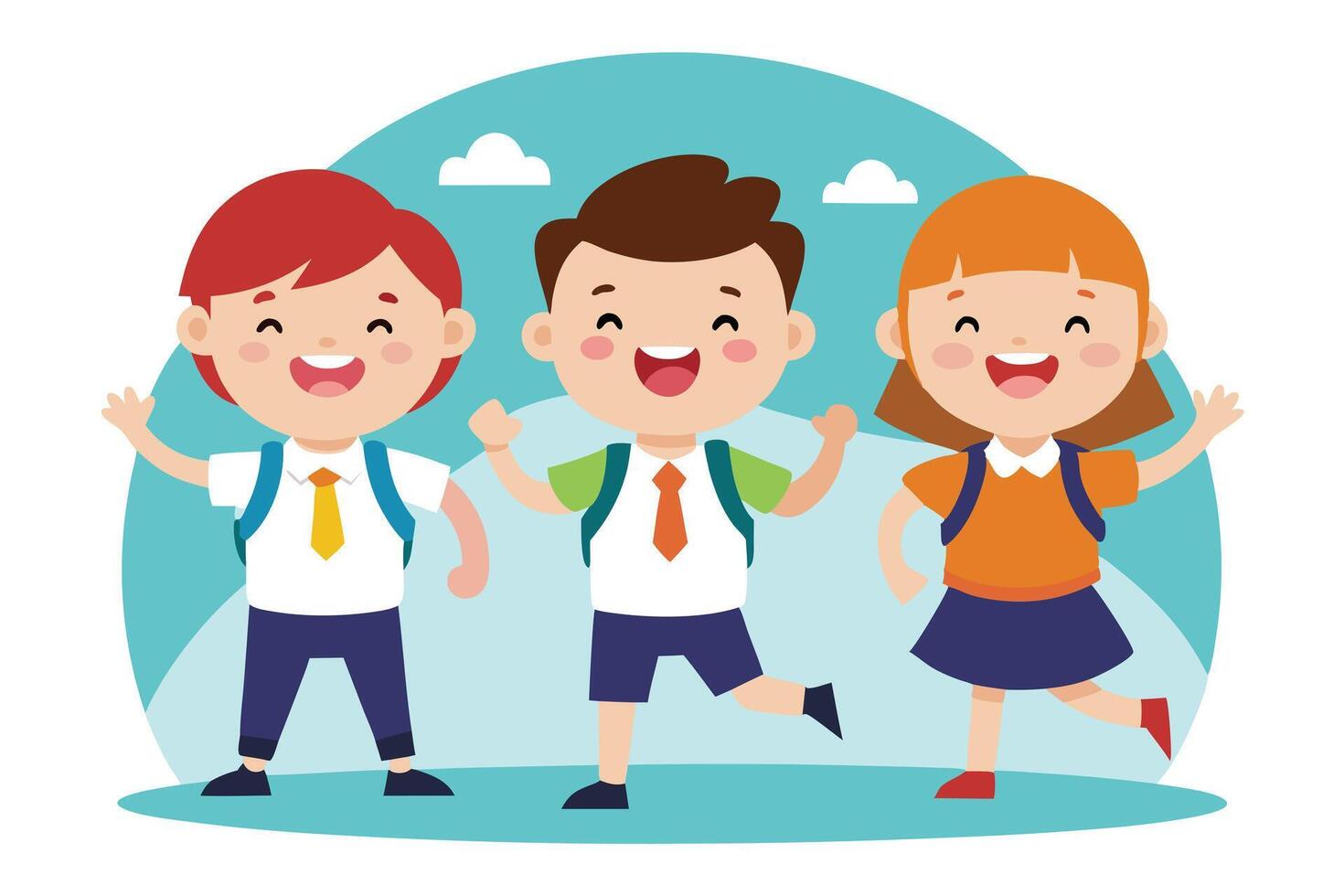 Cheerful Cartoon School Kids with Backpacks Waving Hands in Playful Pose, Happy Friends vector