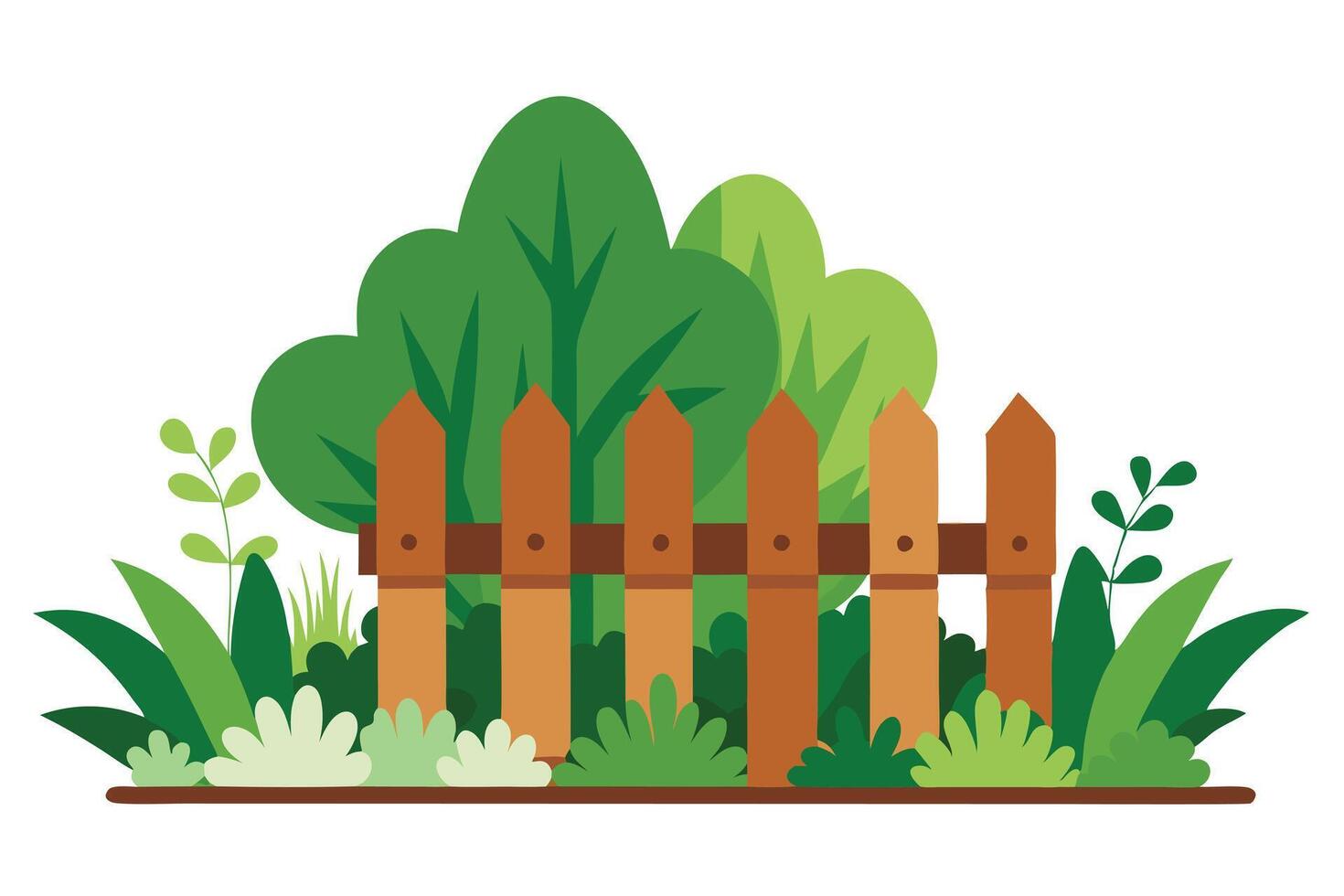 Rustic Cartoon Garden Fence with Green Bushes and Plants on White Background vector