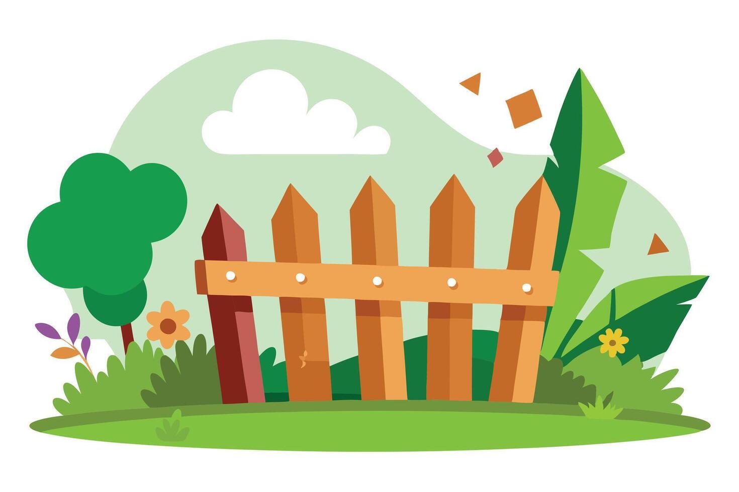 Cartoon Landscape with Wooden Fence, Grass, Flowers, Tree and Tropical Green Leaf vector