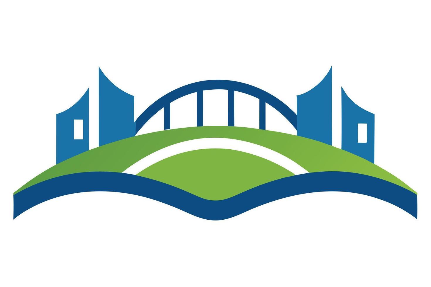 Bridge and Building with Green Hill and Blue Water Element Design vector