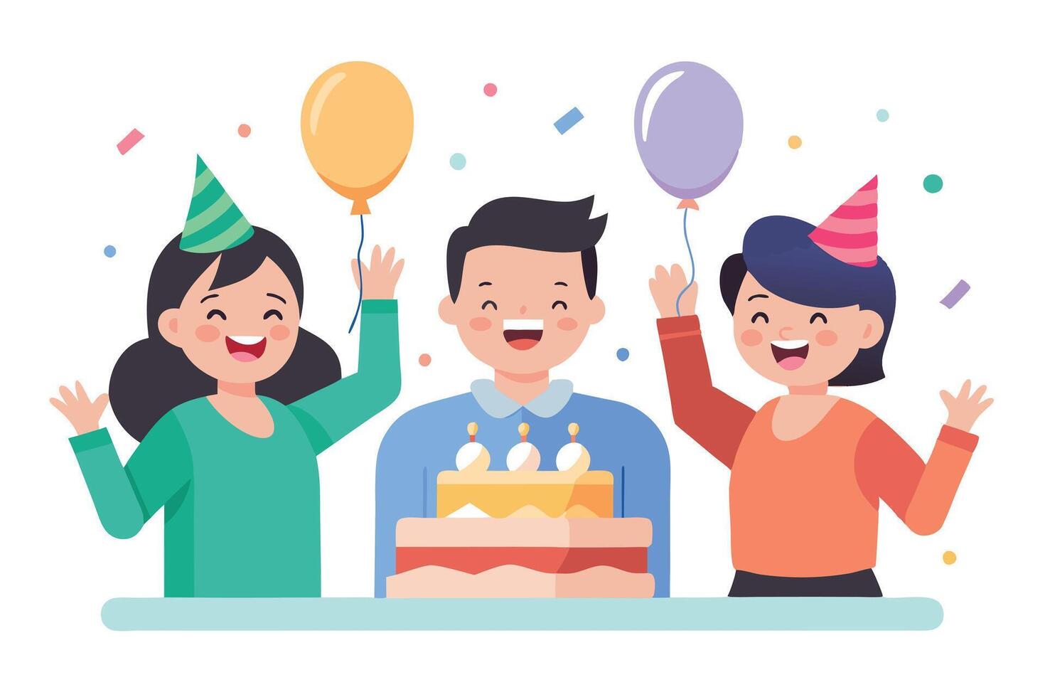 Cheerful Flat of Friends Celebrating Birthday with Cake and Balloons vector