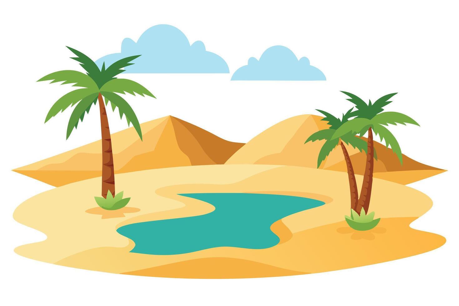 Cartoon Oasis Landscape with Palm Trees, Sandy Dunes, and Blue Sky on White vector