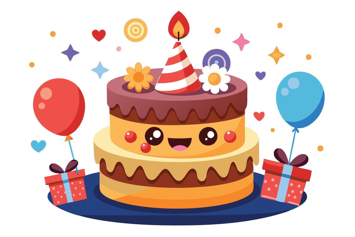 Two Tiered Cartoon Cake With Gifts And Balloons Isolated on White Background vector