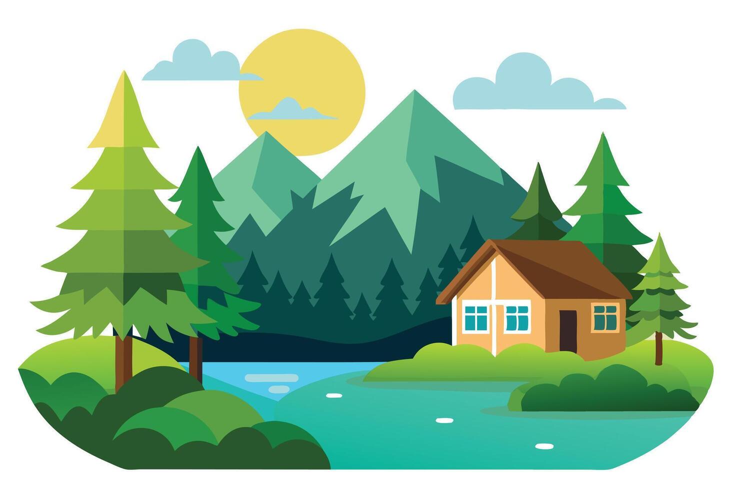 Cabin by Lake with Mountains, Cartoon Trees, Sunlight, Nature Landscape vector
