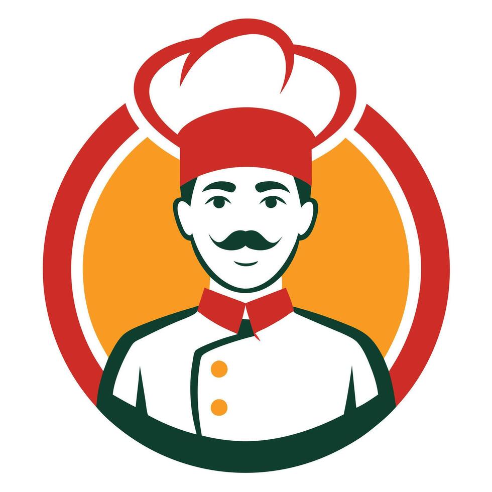 Flat Chef Portrait in Chef Hat with Moustache Inside Circle on White Background vector