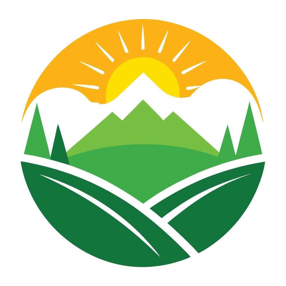 Scenic Landscape Circle Design with Green Fields, Mountains and Yellow Sun vector