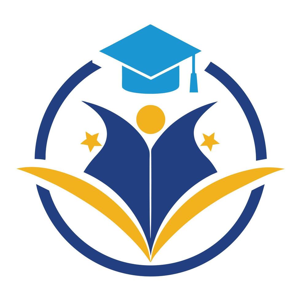 Education Icon with Graduation Cap, Person, Stars, and Circle on White Background vector