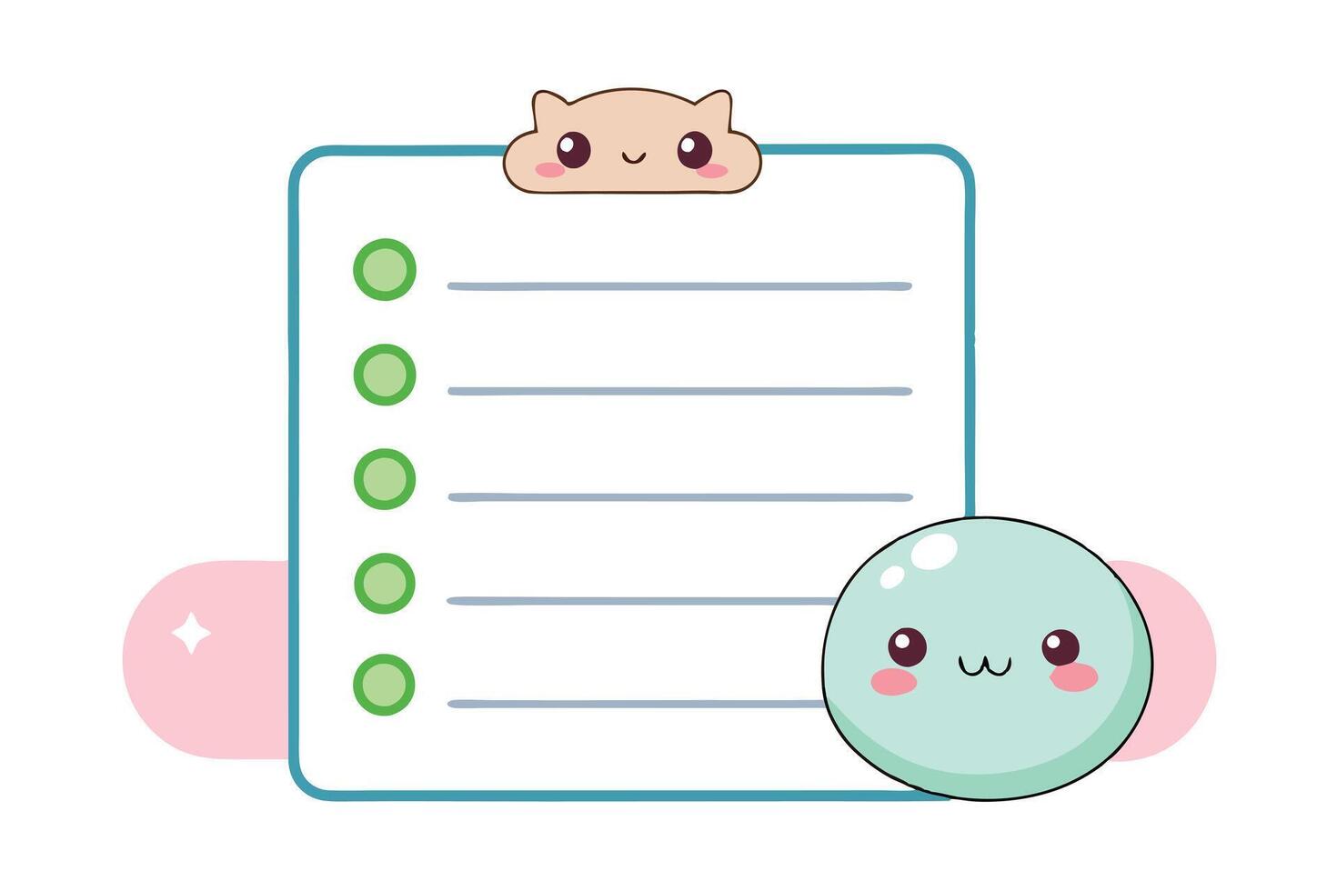 Cute Cartoon Notepad with List, Bear Head, and a Happy Light Blue Circle Mascot vector