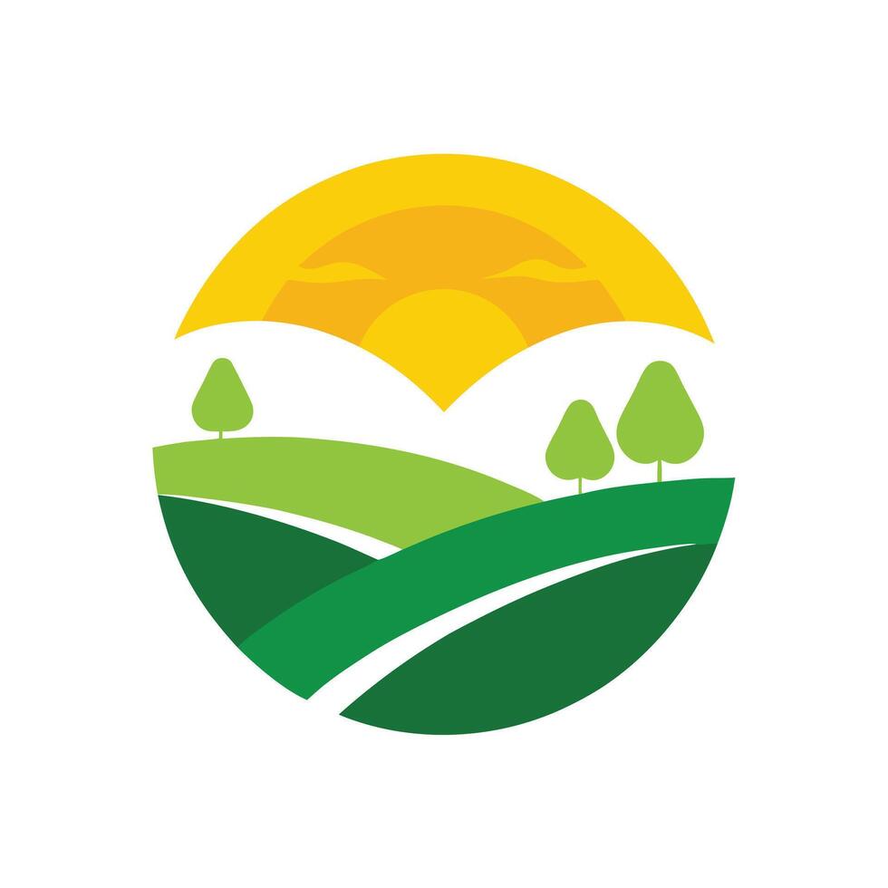 Scenic Landscape with Green Hills, Trees and Yellow Sun in Circle Design vector