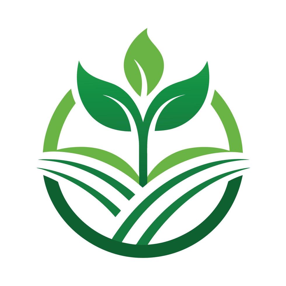 Fresh Green Leaves Sprout Logo with Circular Border and Field Shape Isolated on White vector