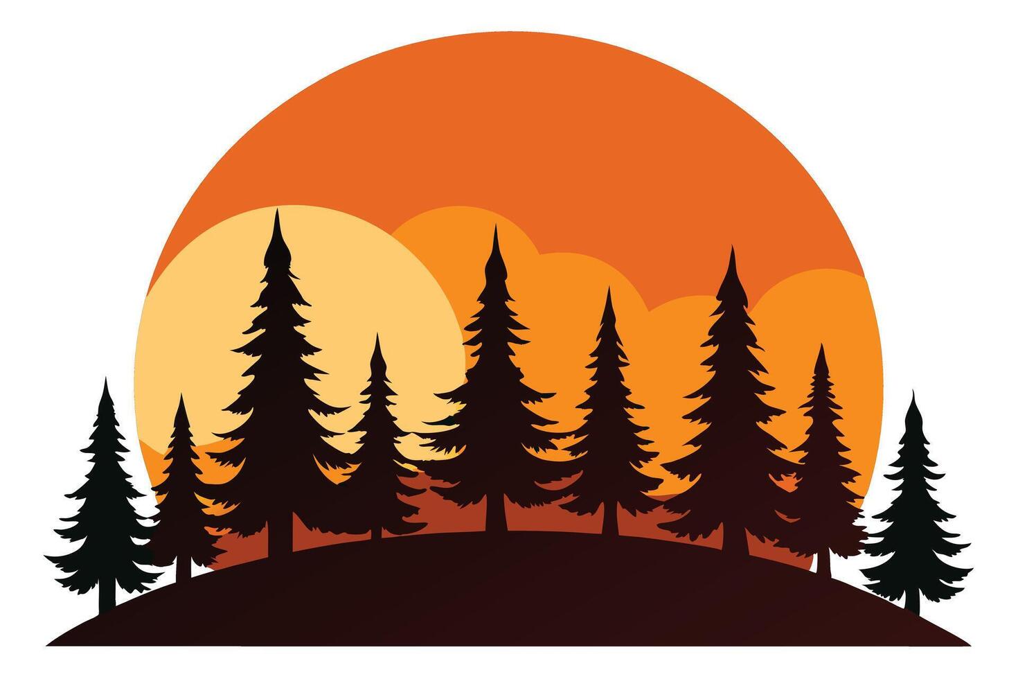 Dark Evergreen Forest Silhouette Against a Setting Orange Gradient Sunrise vector