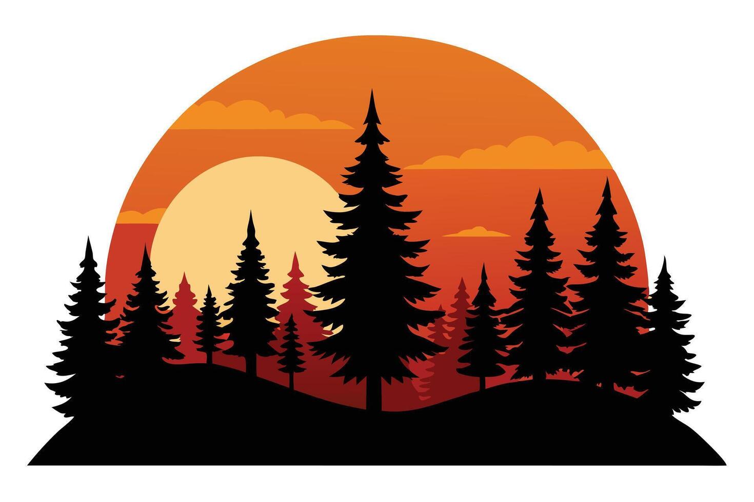 Silhouette Pine Forest with Orange Sky and Setting Sun, Flat Landscape vector