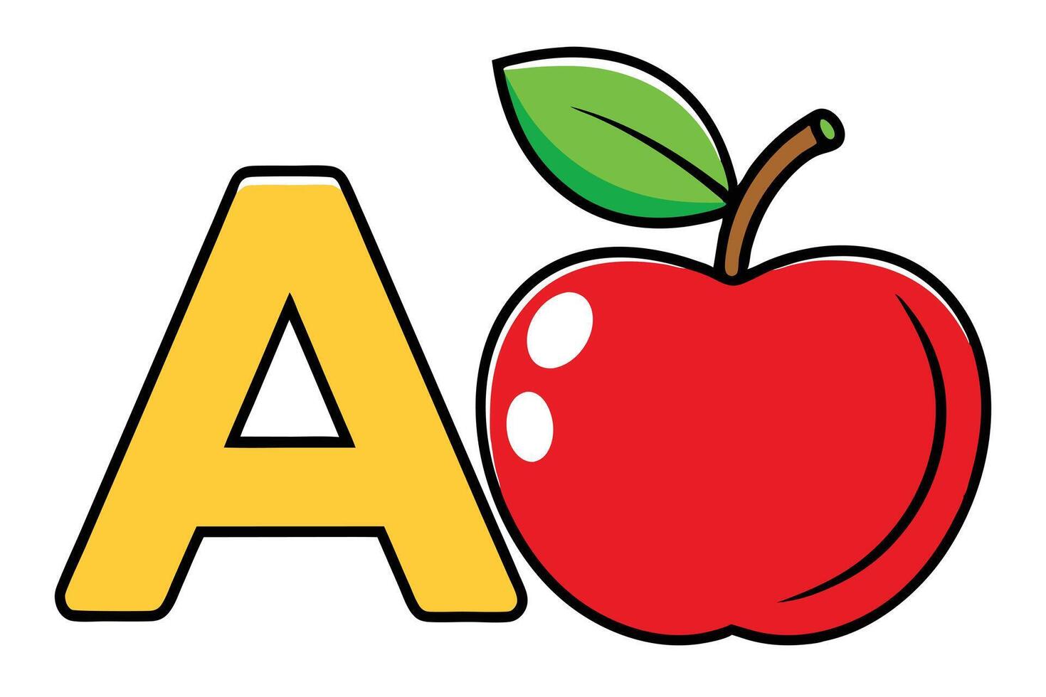Red Apple And Letter A Design, Outline, Cartoon Style, White Background, Bright Colors vector