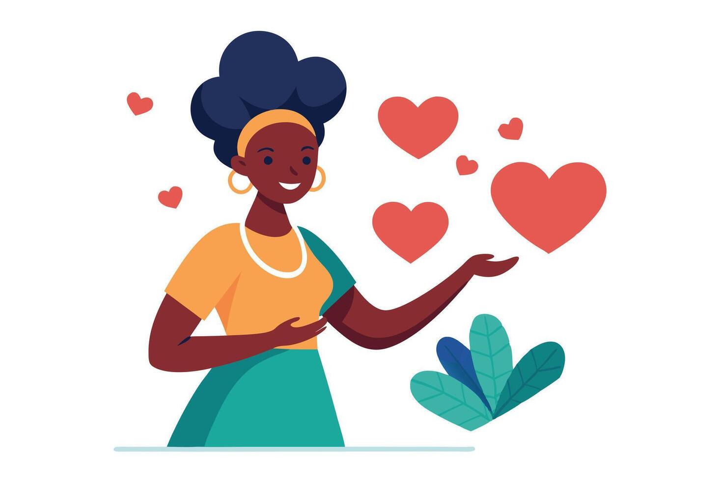 Smiling Darkskinned Woman with Hearts and Plants on a White Background Icon vector