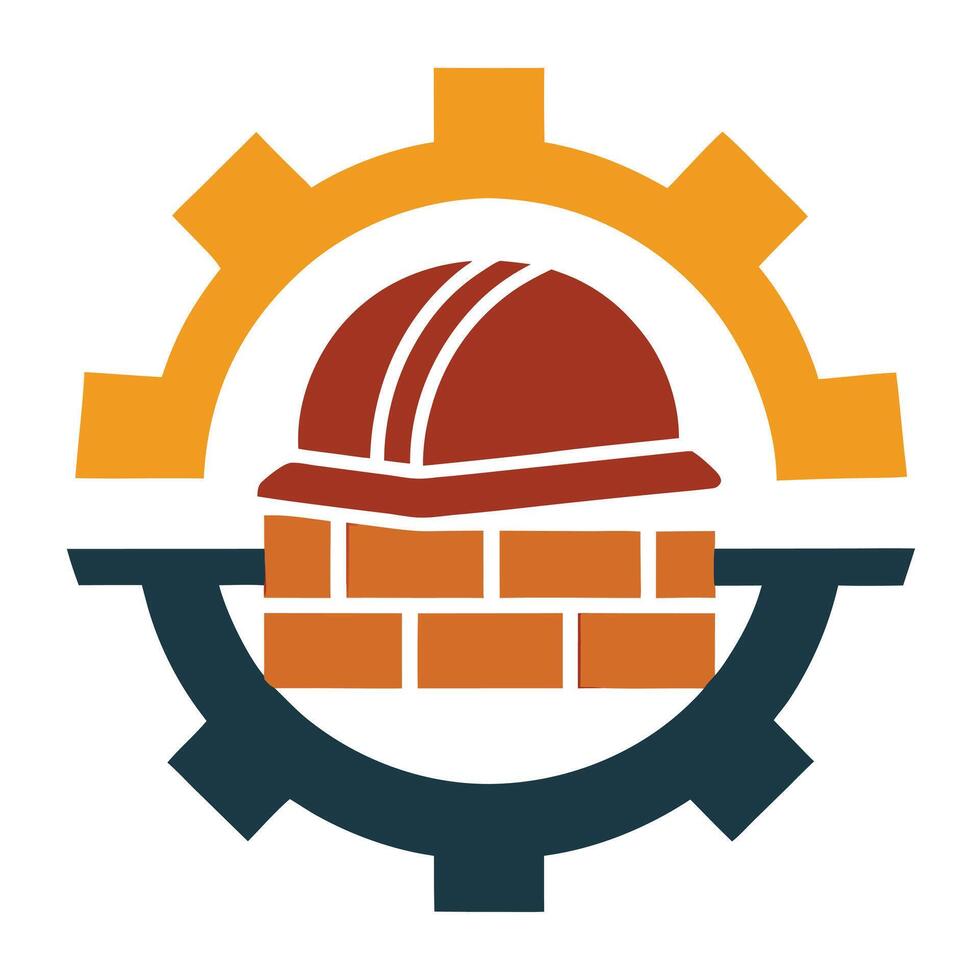 Construction Logo with Brown Helmet, Bricks and Gears on a White Background vector