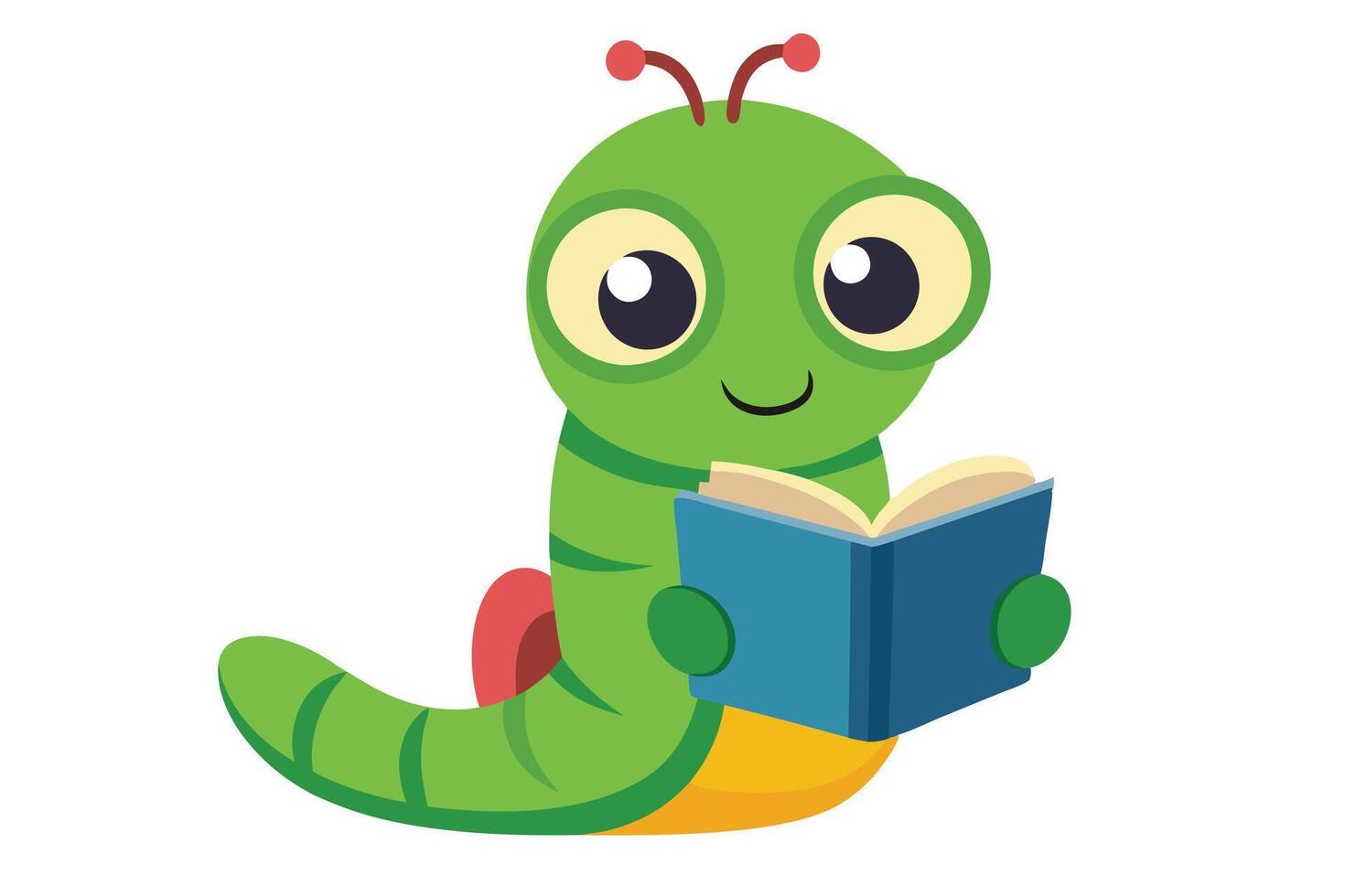 Cartoon Green Caterpillar Reading Book with Antenna Isolated on White Background vector