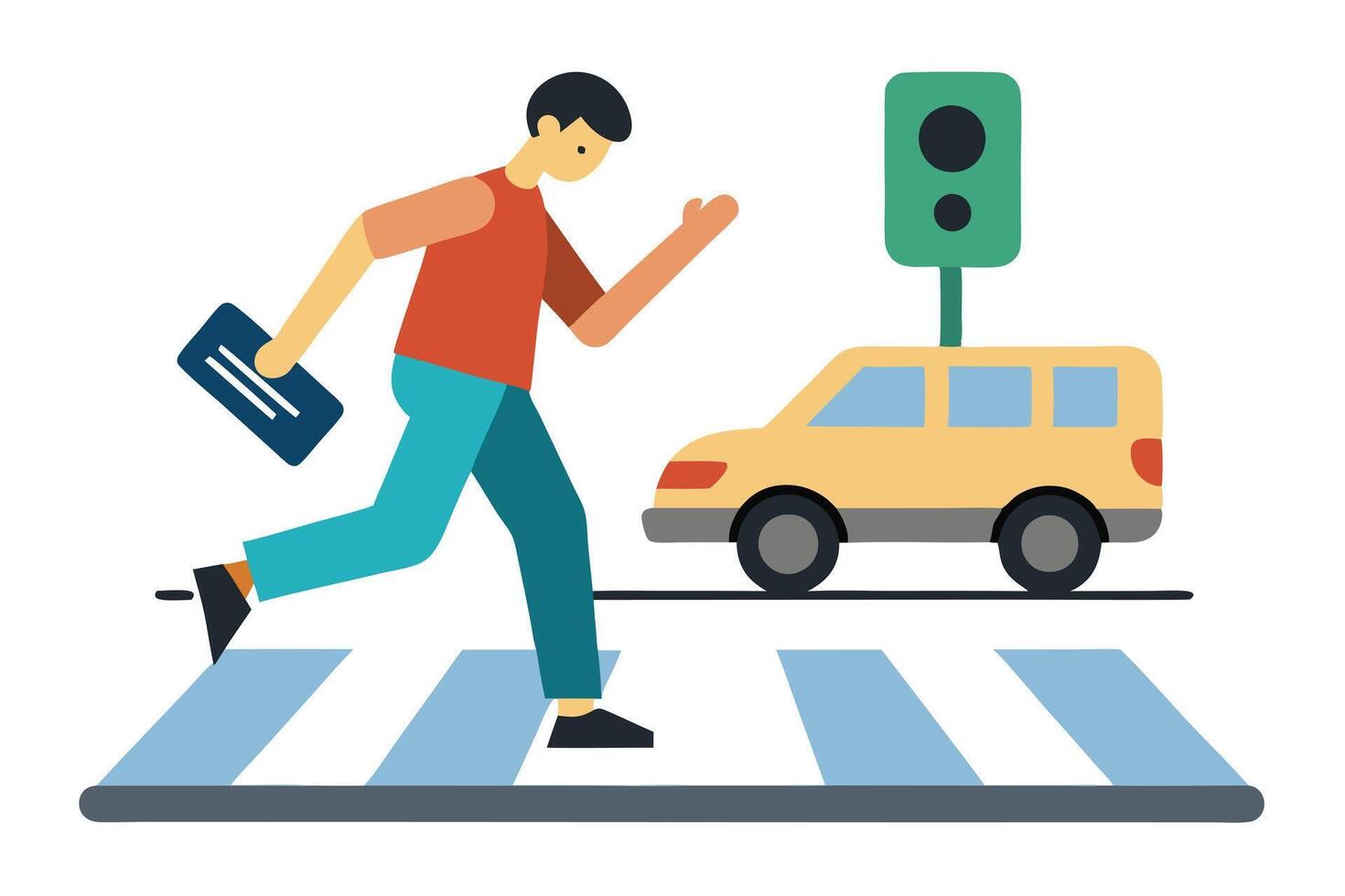 Flat Man Running at Crosswalk With Yellow Car, Traffic Light on White vector