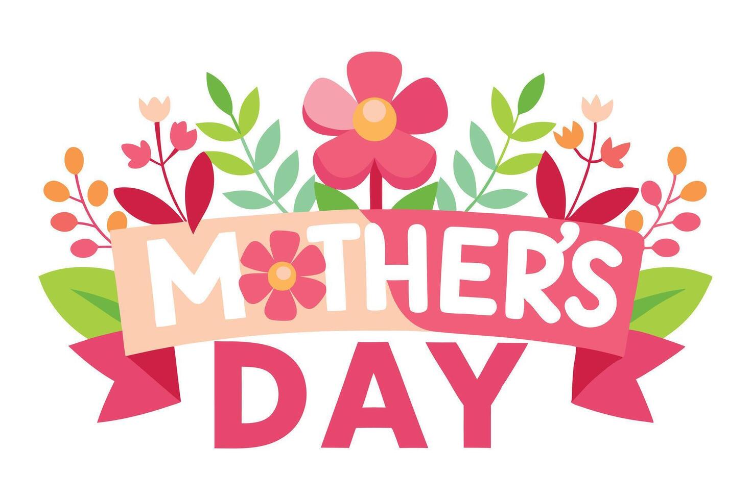 Mothers Day Floral Design with White Letters and Pink Ribbon, on White Background vector