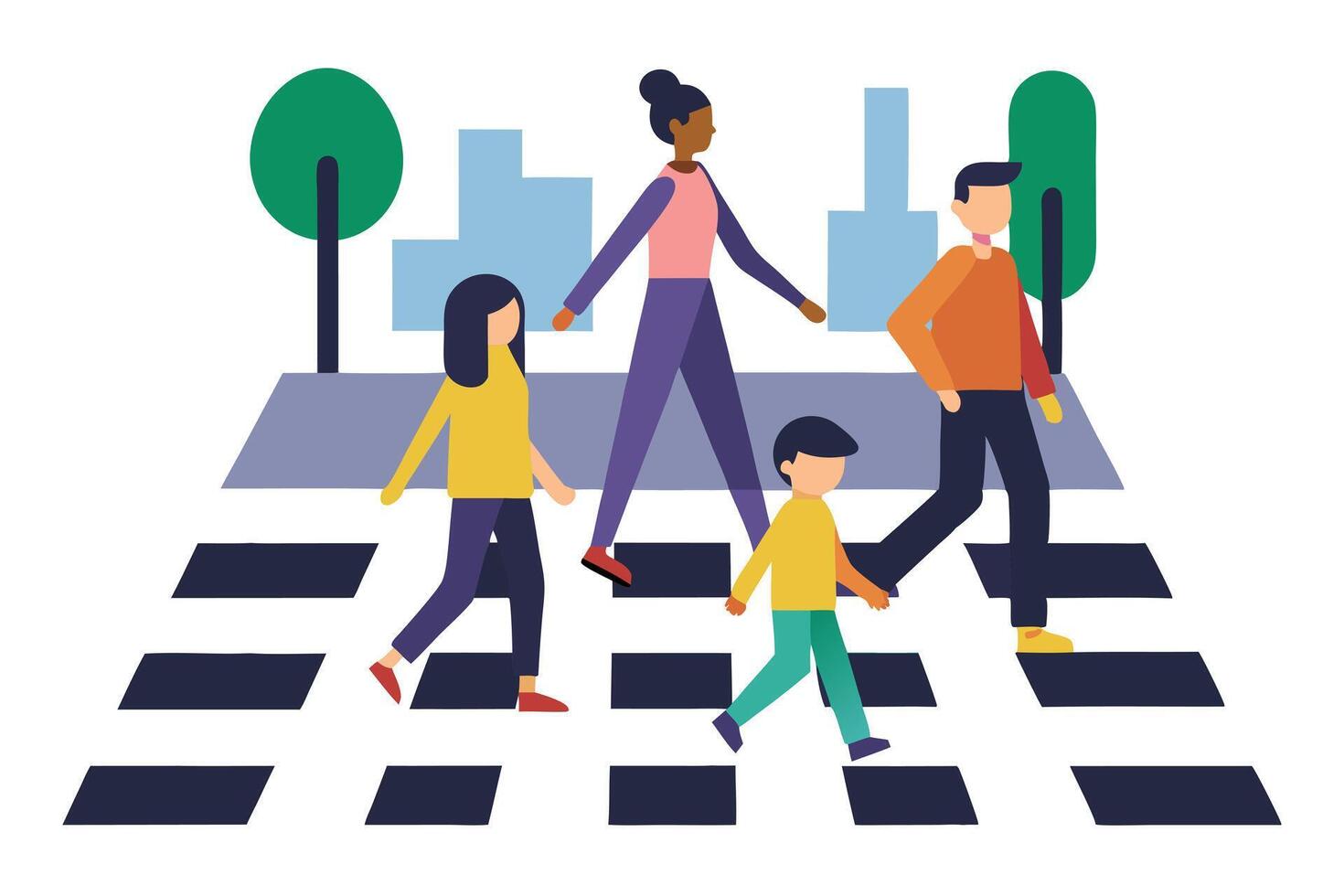 Diverse People Crossing Zebra Stripes on Cityscape, Flat Colorful vector