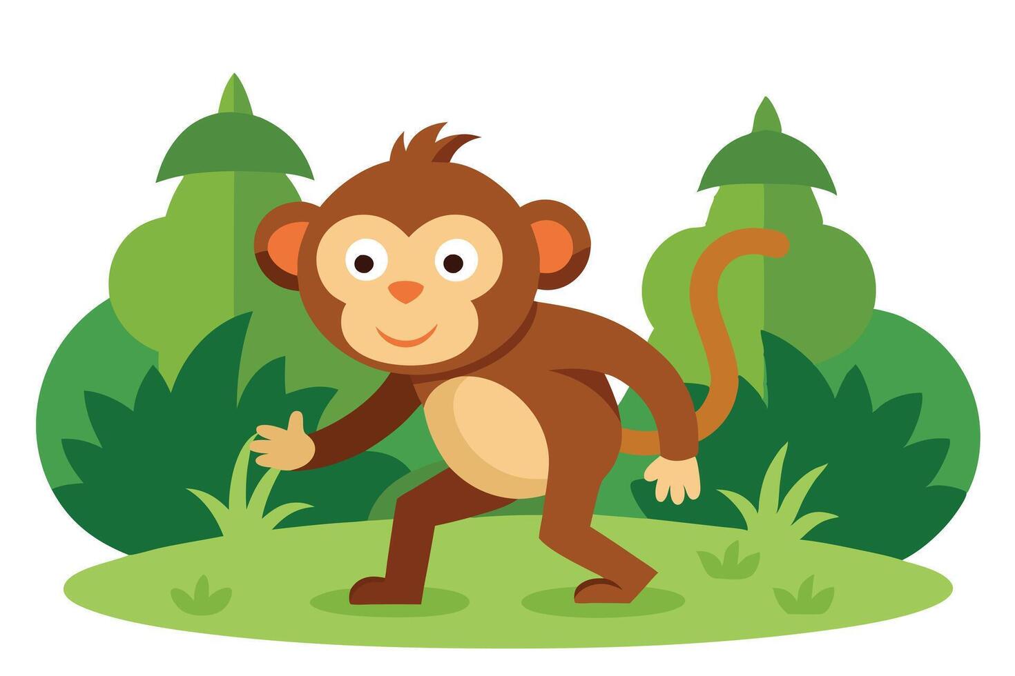 Cute Cartoon Monkey Walking in Green Jungle Background with Flat Style Design vector