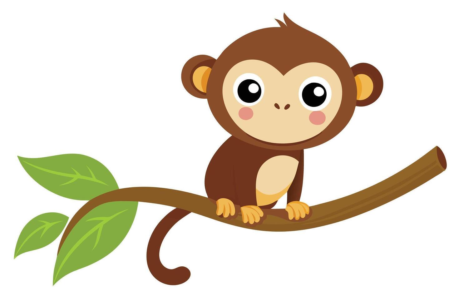 Cute Cartoon Monkey on Branch with Leaves Illustration, on White Background vector