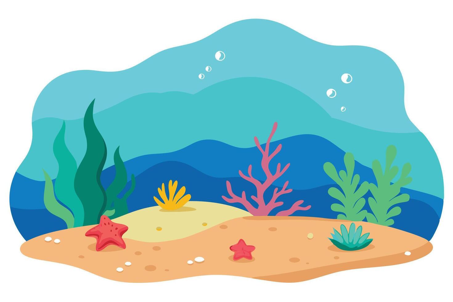 Ocean Floor with Seaweed, Starfish, Coral Reef on Sandy Seabed, White Background vector