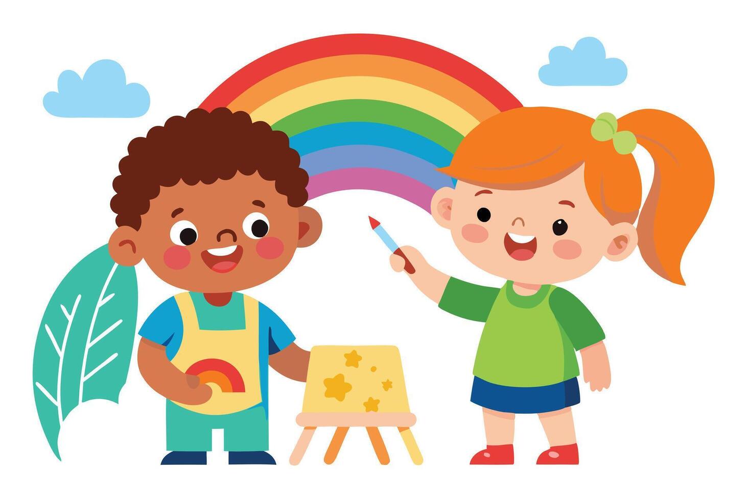 Happy Cartoon Kids with Rainbow Painting on Easel Against White Background vector