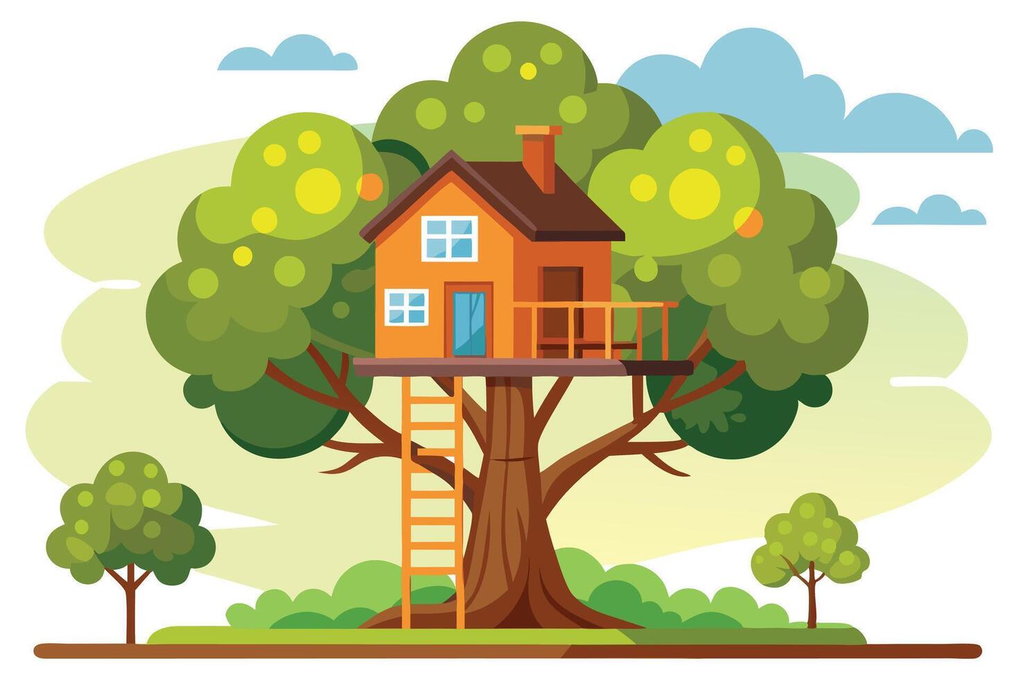 Whimsical Treehouse Structure with Ladder and Nature Landscape vector
