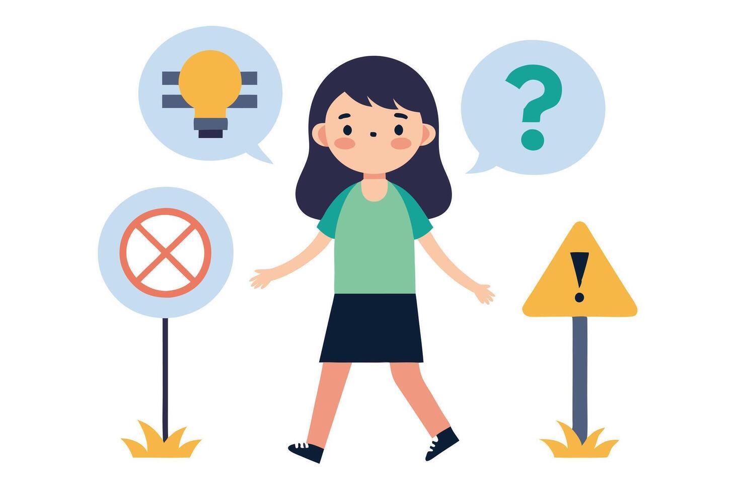 Cartoon Girl Walking, Signs with Idea Light Bulb Question Mark and Exclamation Point vector